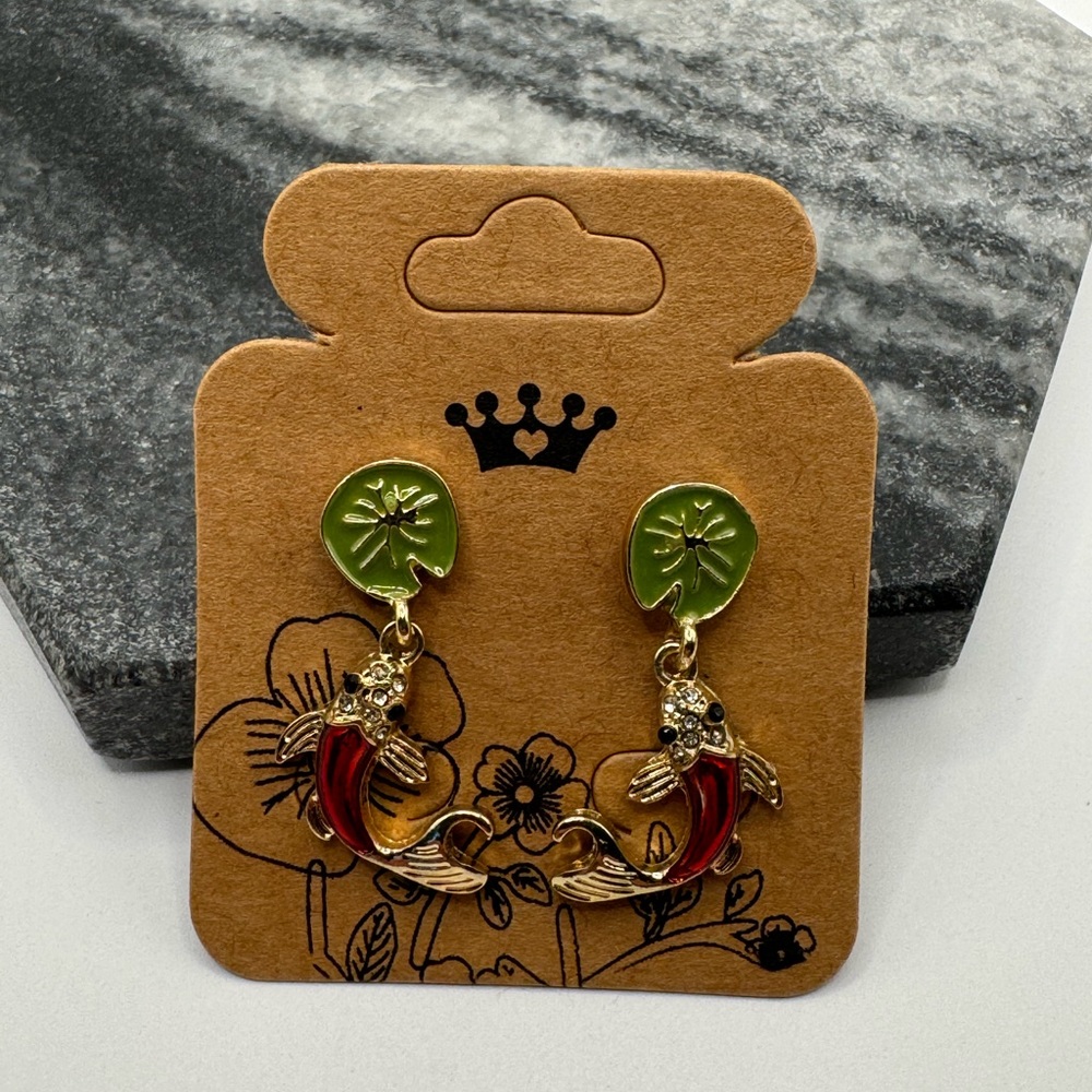 3/$15 Adorable Koi Fish Lilypad Dangle Earrings - Picture 6 of 7